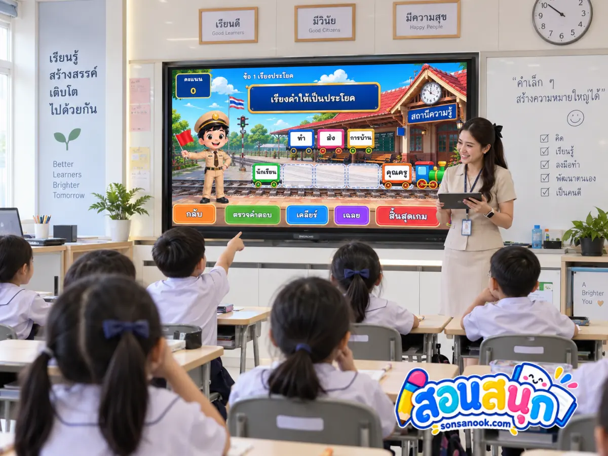 คุณครูและนักเรียนใช้เกมเรียงคำให้เป็นประโยคบนจอในห้องเรียน
